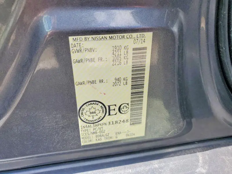 2015 NISSAN ALTIMA 2.5/S/SV/SL  