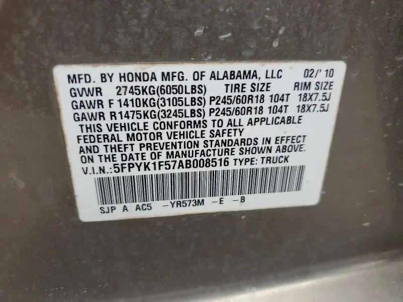 2010 HONDA RIDGELINE RTL  