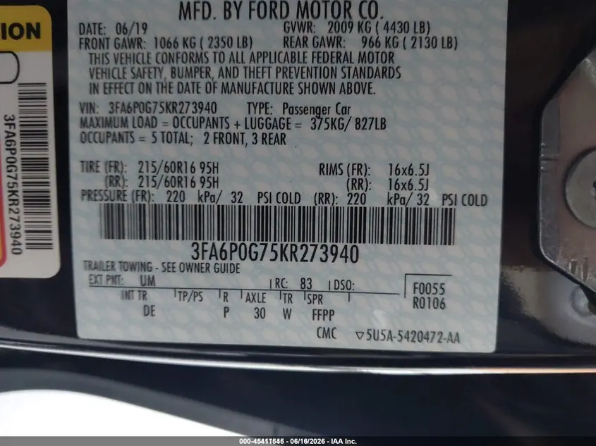 2019 FORD FUSION S