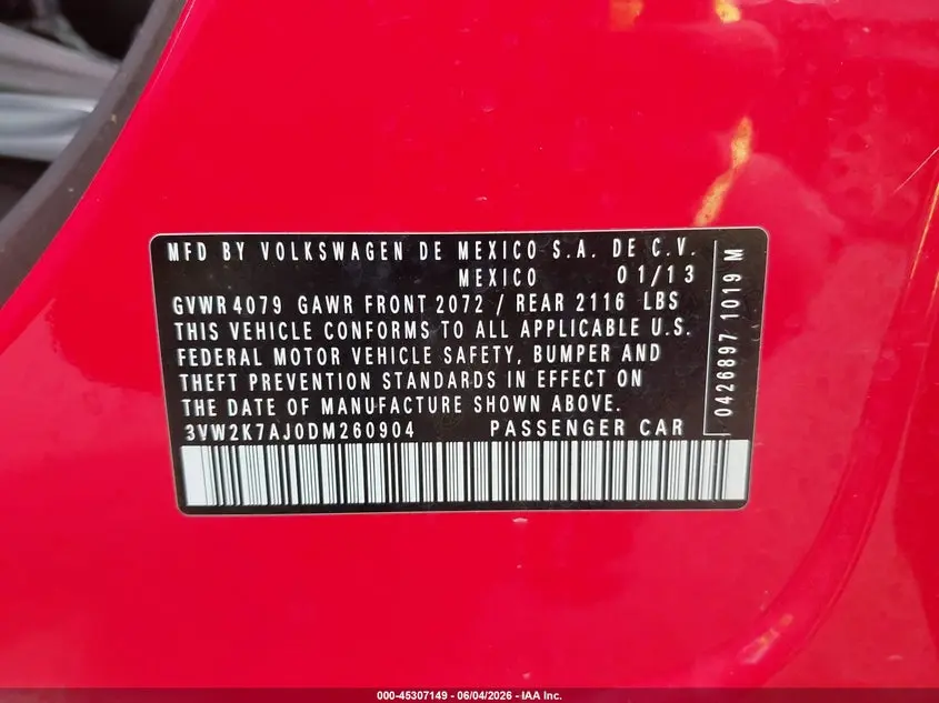 2013 VOLKSWAGEN JETTA 2.0L S