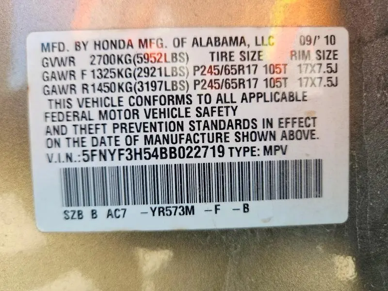 2011 HONDA PILOT EXL  