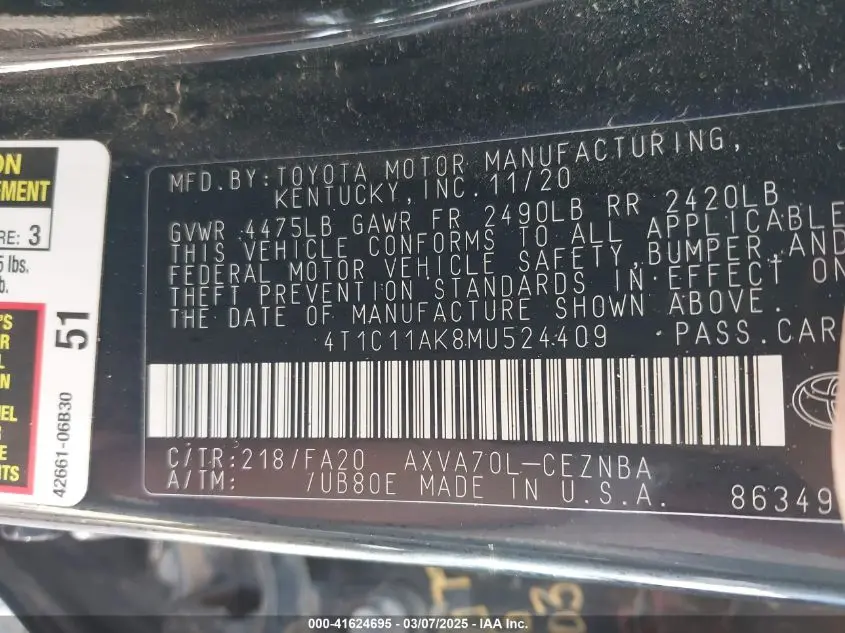 2021 TOYOTA CAMRY LE