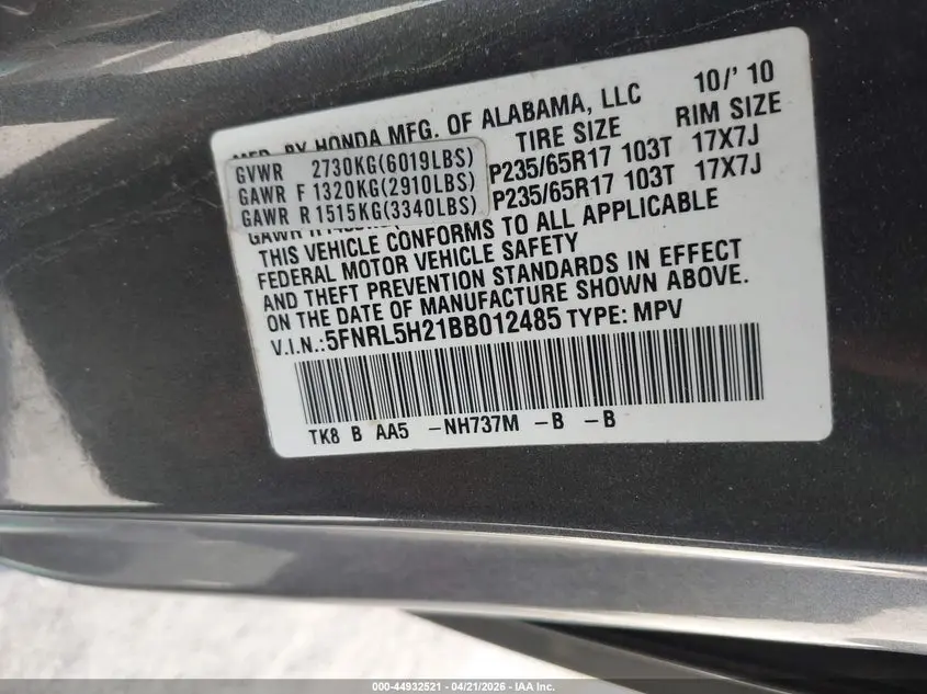 2011 HONDA ODYSSEY LX