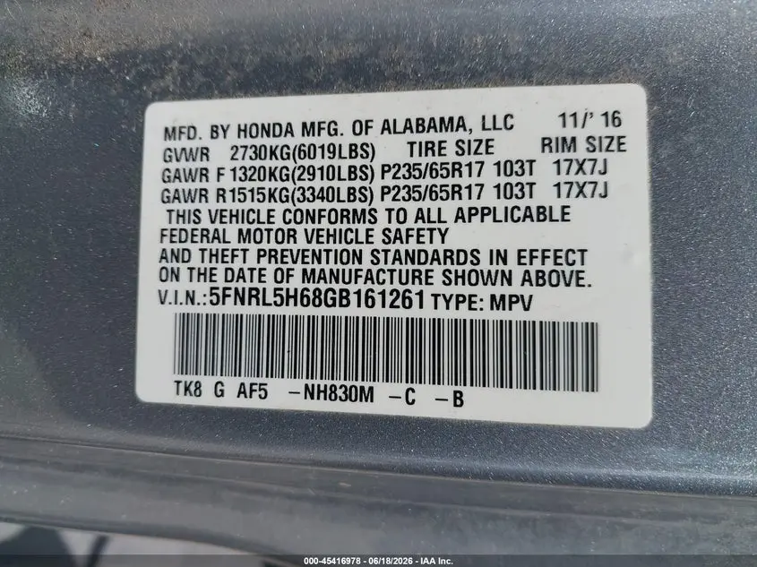 2016 HONDA ODYSSEY EX-L
