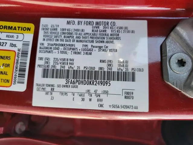 2019 FORD FUSION SE  