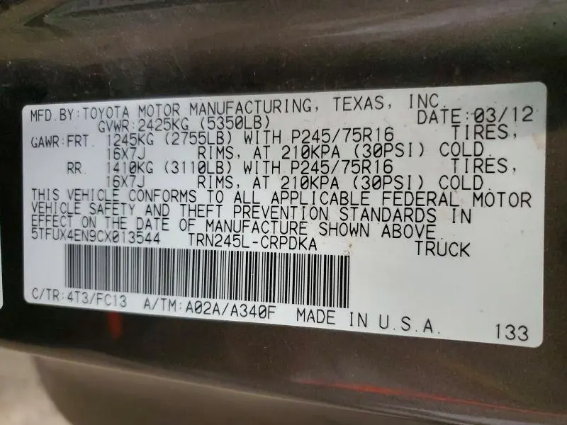 2012 TOYOTA TACOMA BASE  