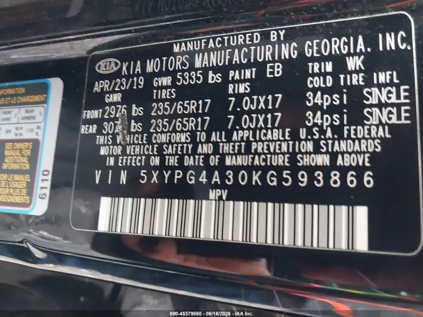 2019 KIA SORENTO 2.4L L
