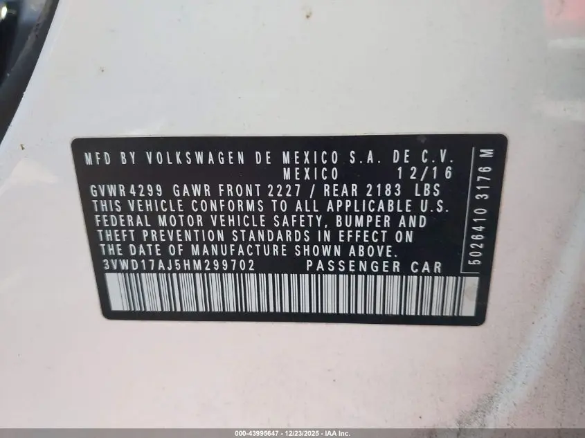 2017 VOLKSWAGEN JETTA 1.8T SPORT