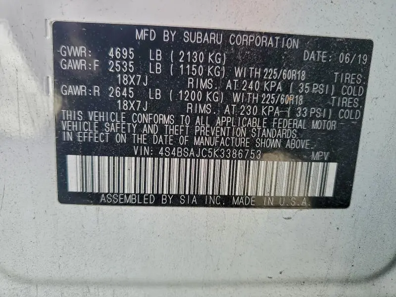 2019 SUBARU OUTBACK 2.5I LIMITED  