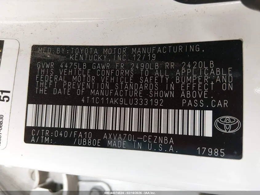 2020 TOYOTA CAMRY LE
