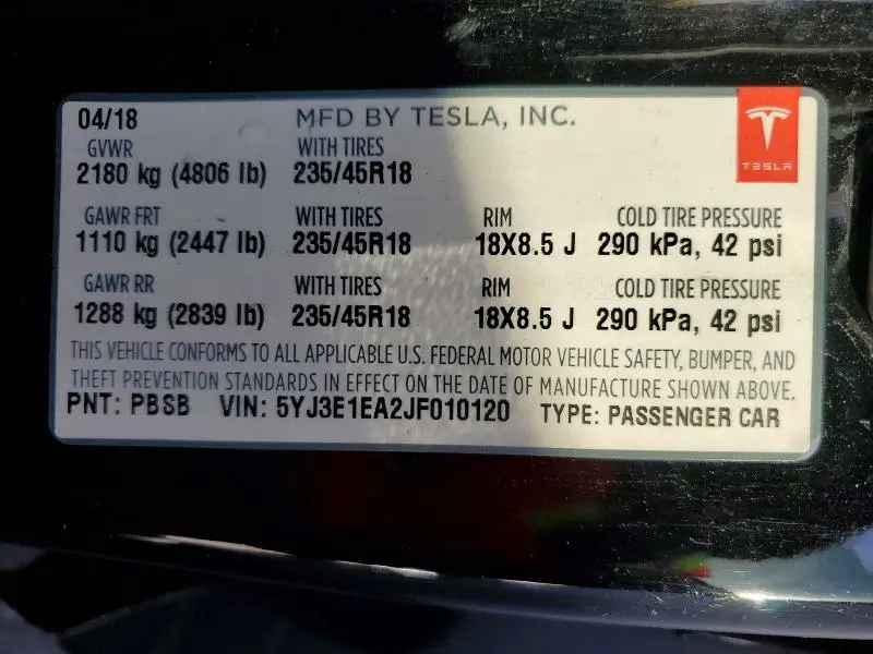2018 TESLA MODEL 3   