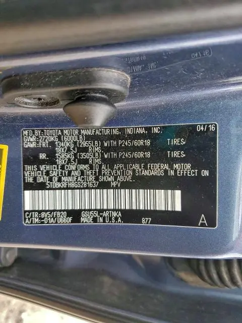 2016 TOYOTA HIGHLANDER LE  