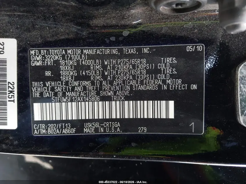 2010 TOYOTA TUNDRA GRADE 5.7L V8