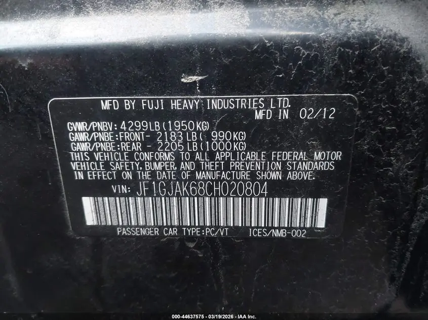 2012 SUBARU IMPREZA 2.0I LIMITED