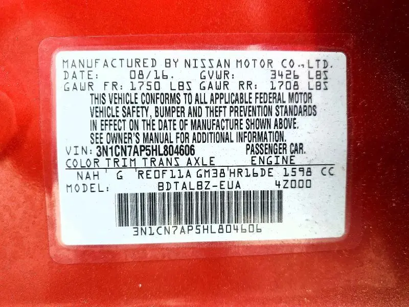 2017 NISSAN VERSA 1.6 S  