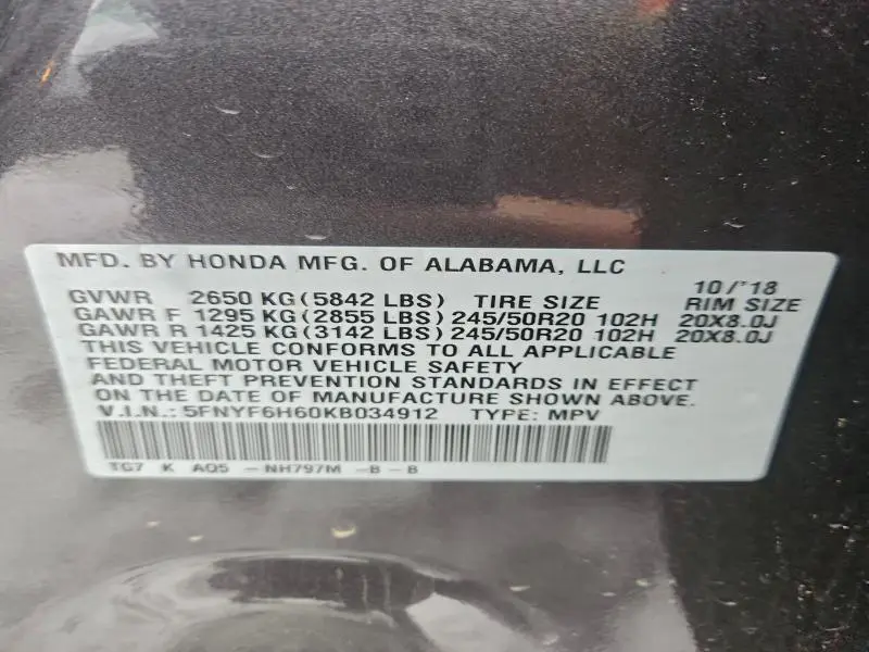 2019 HONDA PILOT TOURING  