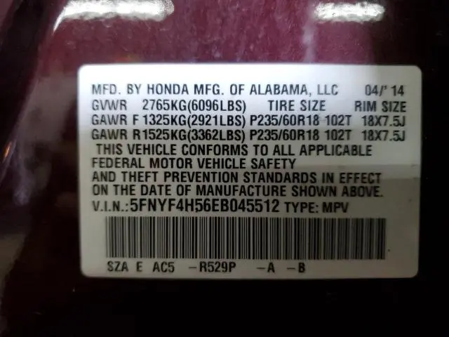 2014 HONDA PILOT EXL  
