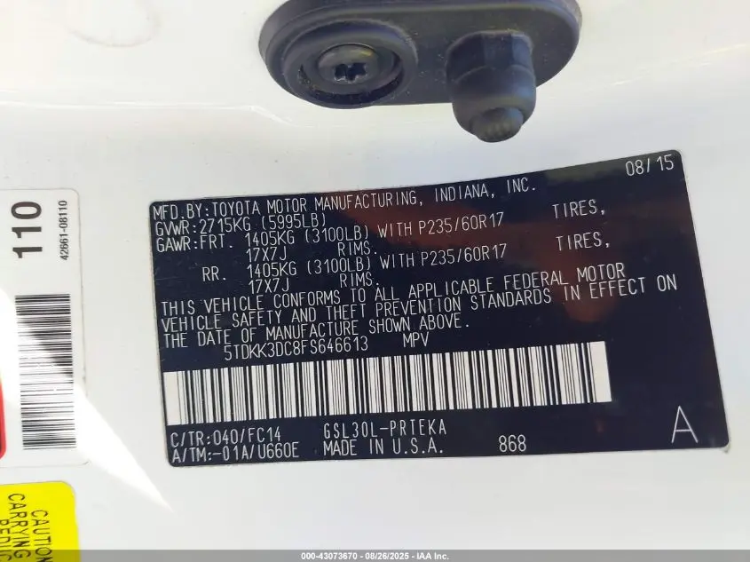2015 TOYOTA SIENNA LE 8 PASSENGER