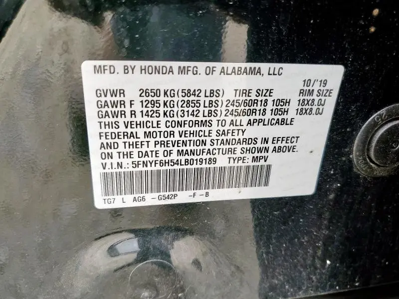 2020 HONDA PILOT EXL  