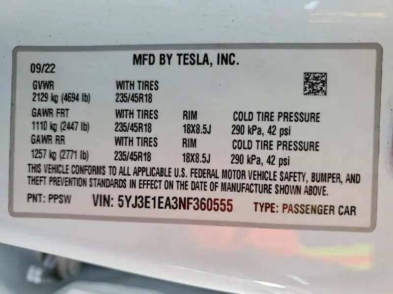 2022 TESLA MODEL 3   