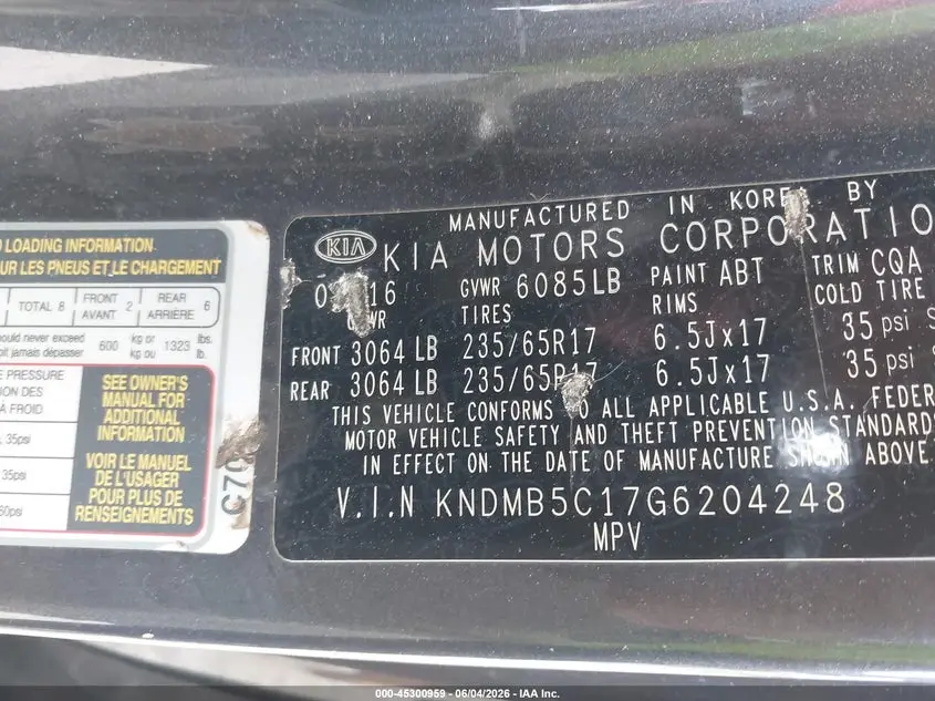 2016 KIA SEDONA LX