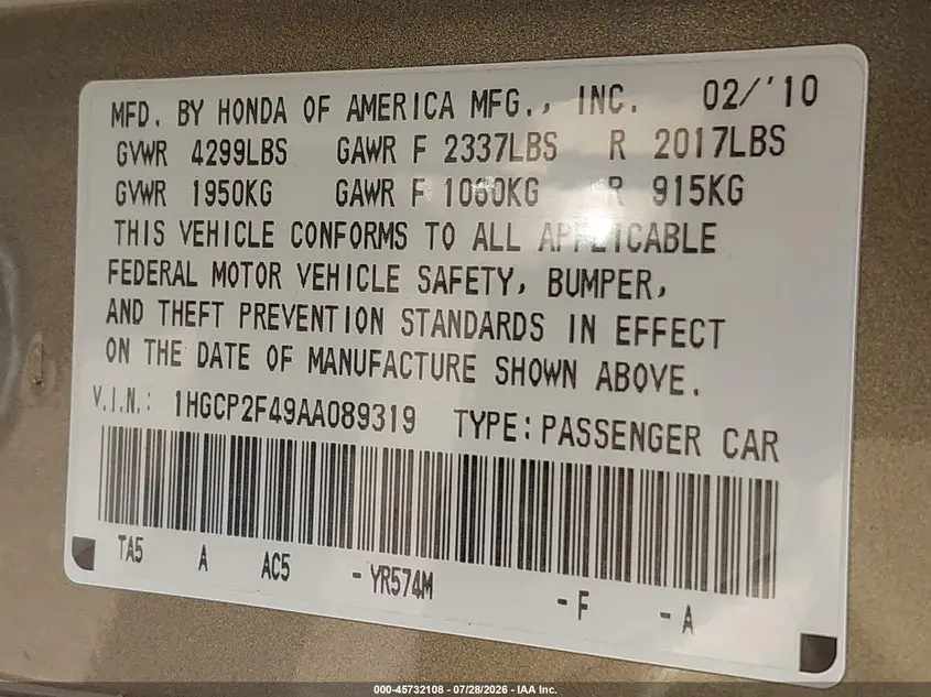 2010 HONDA ACCORD 2.4 LX-P