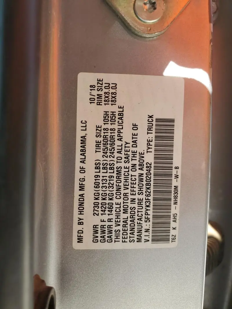 2019 HONDA RIDGELINE RTL  