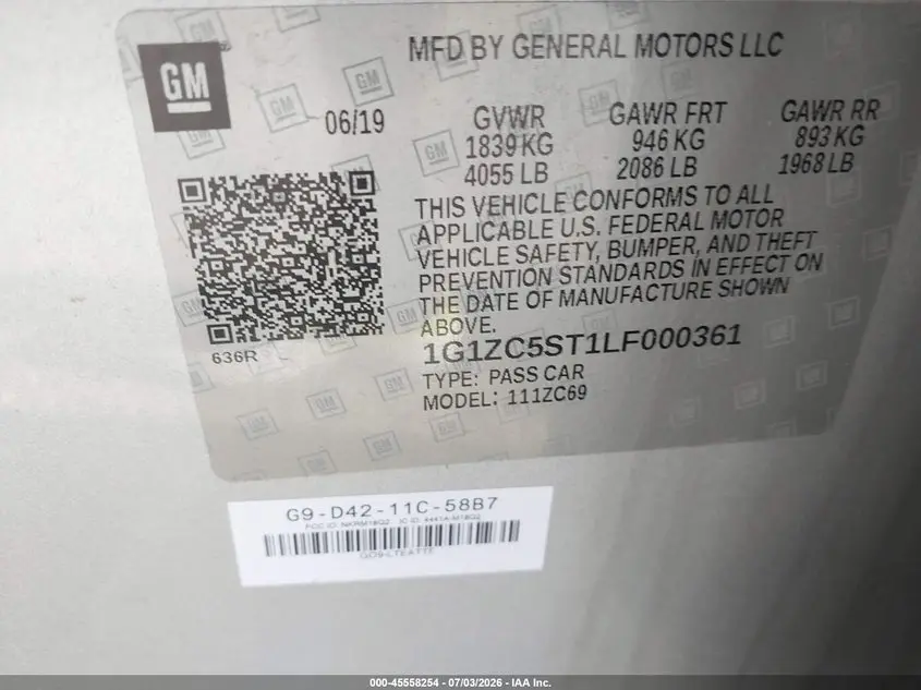2020 CHEVROLET MALIBU FWD 1FL