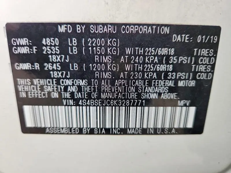 2019 SUBARU OUTBACK 3.6R LIMITED  