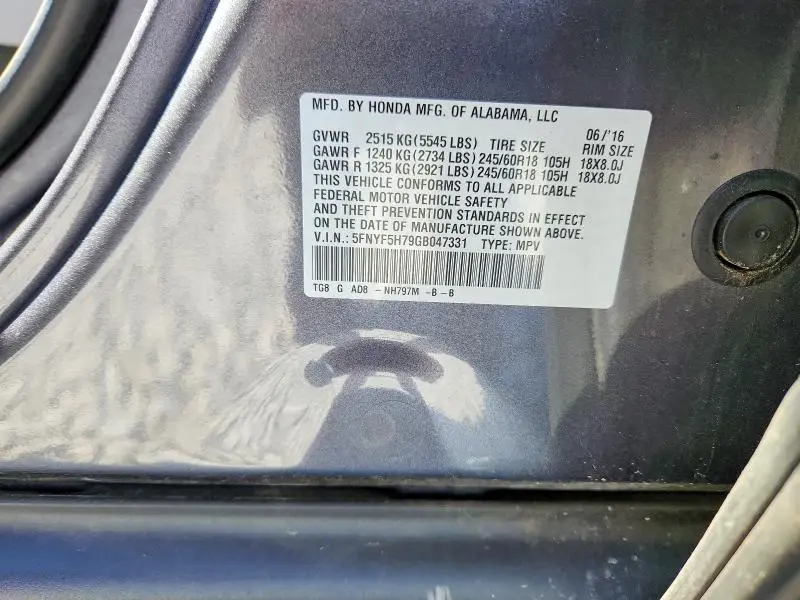 2016 HONDA PILOT EXLN  