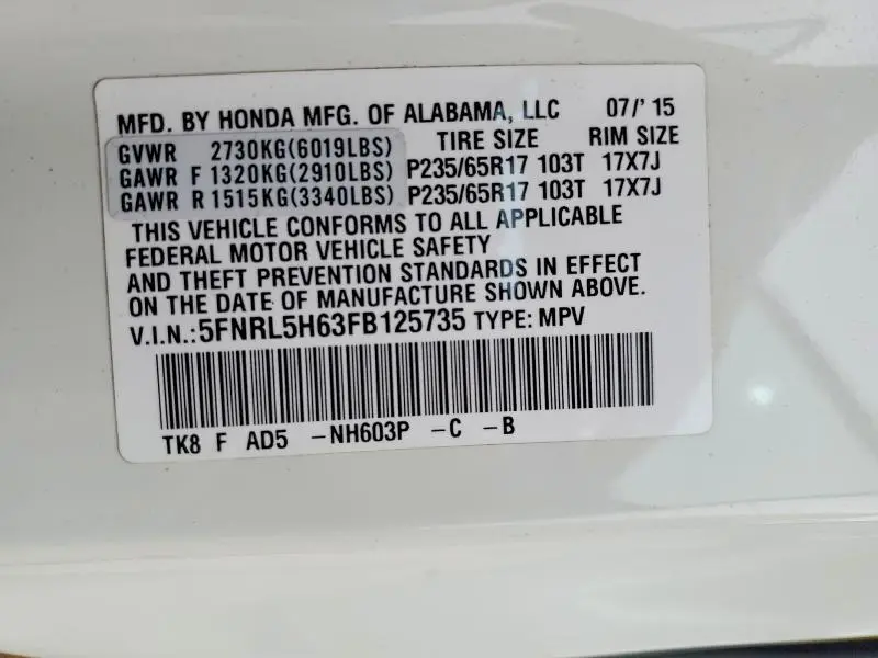2015 HONDA ODYSSEY EXL  