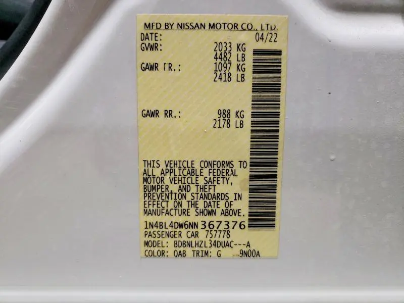 2022 NISSAN ALTIMA SV  