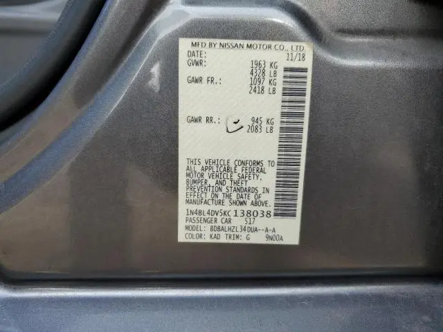 2019 NISSAN ALTIMA SV  