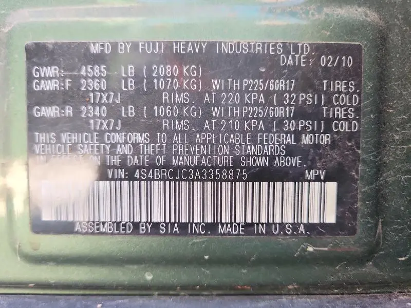 2010 SUBARU OUTBACK 2.5I LIMITED  