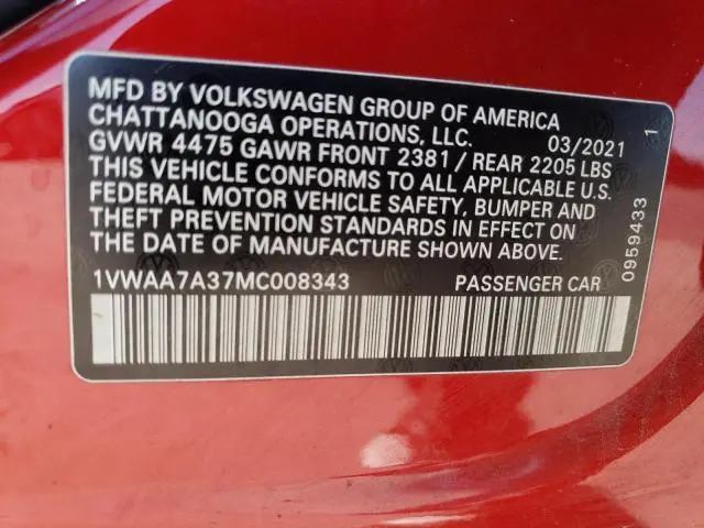 2021 VOLKSWAGEN PASSAT S