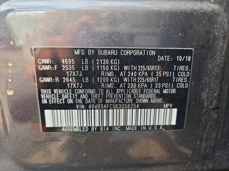 2019 SUBARU OUTBACK 2.5I PREMIUM  