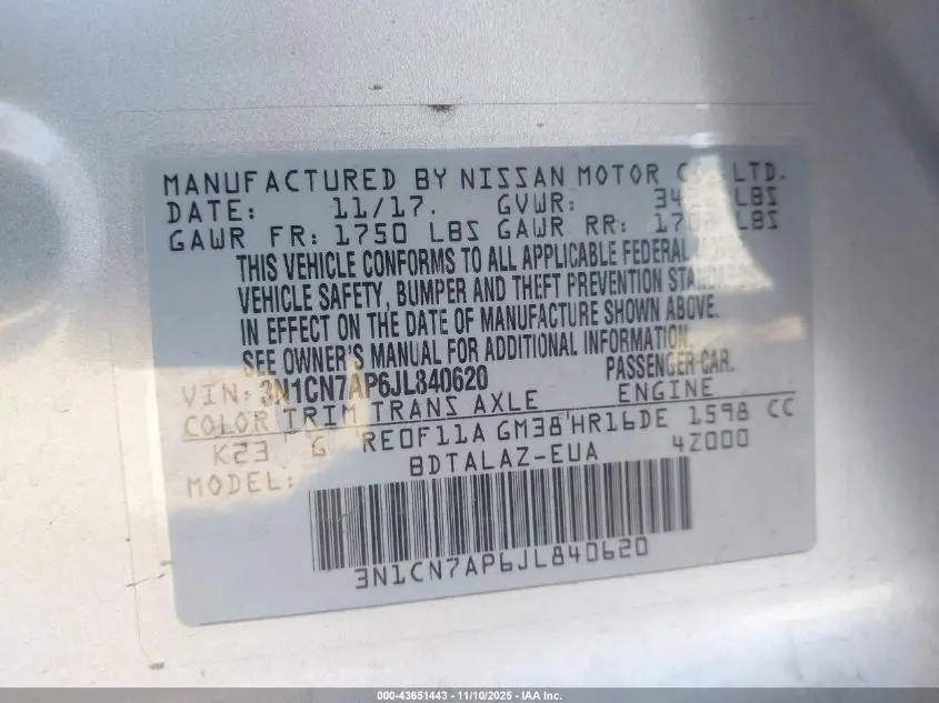 2018 NISSAN VERSA 1.6 S+