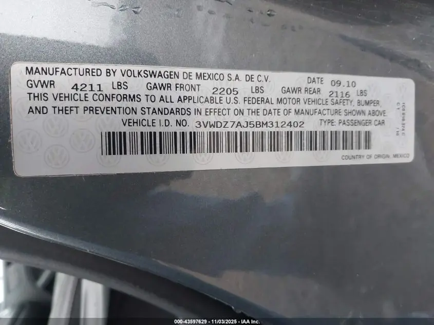 2011 VOLKSWAGEN JETTA 2.5L SE