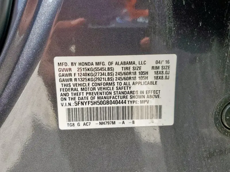 2016 HONDA PILOT EXL  