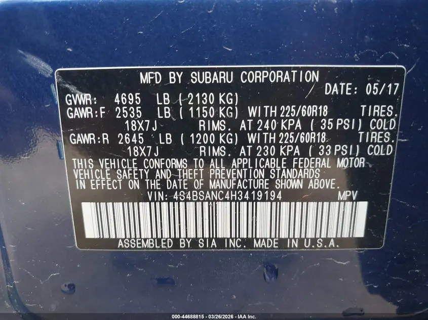 2017 SUBARU OUTBACK 2.5I LIMITED