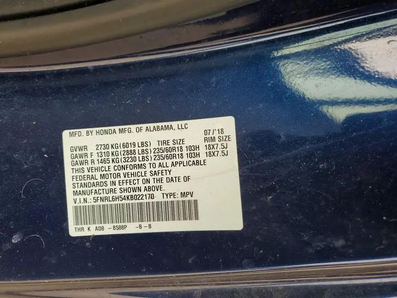 2019 HONDA ODYSSEY EX  