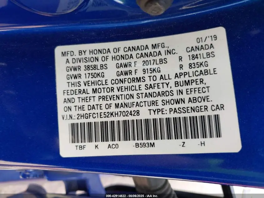 2019 HONDA CIVIC SI  