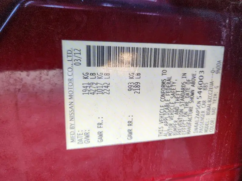 2012 NISSAN ALTIMA BASE  