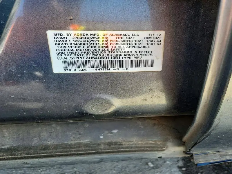 2013 HONDA PILOT EXL  