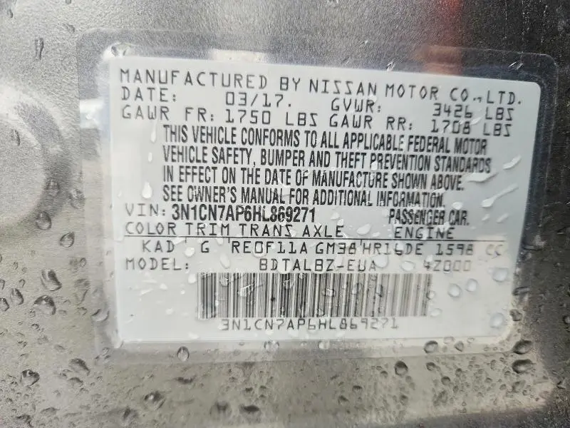 2017 NISSAN VERSA 1.6 S  