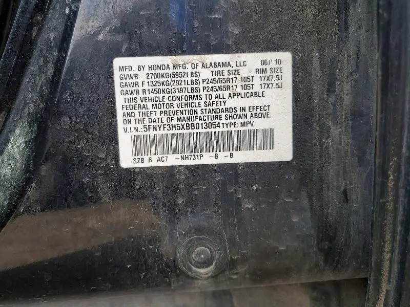 2011 HONDA PILOT EXL  