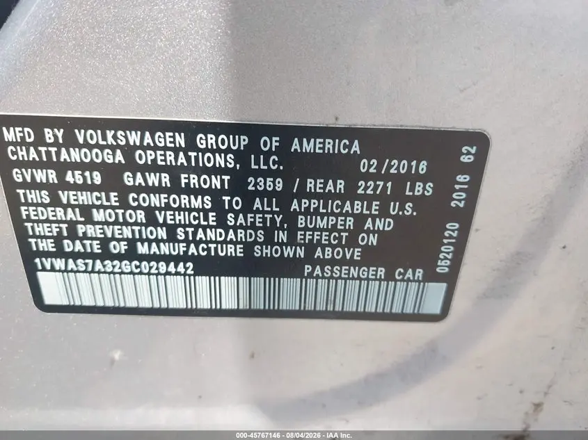 2016 VOLKSWAGEN PASSAT 1.8T S