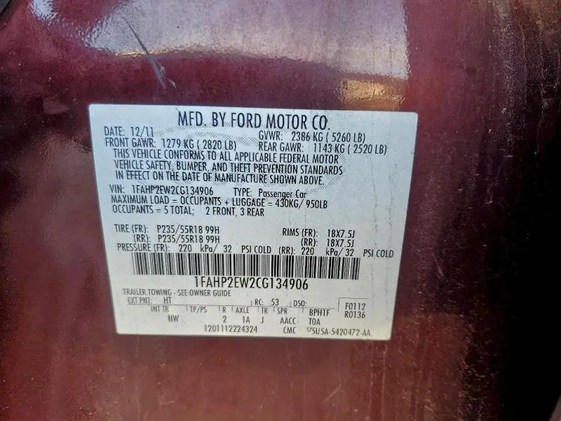 2012 FORD TAURUS SEL  