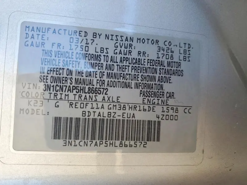 2017 NISSAN VERSA 1.6 S  
