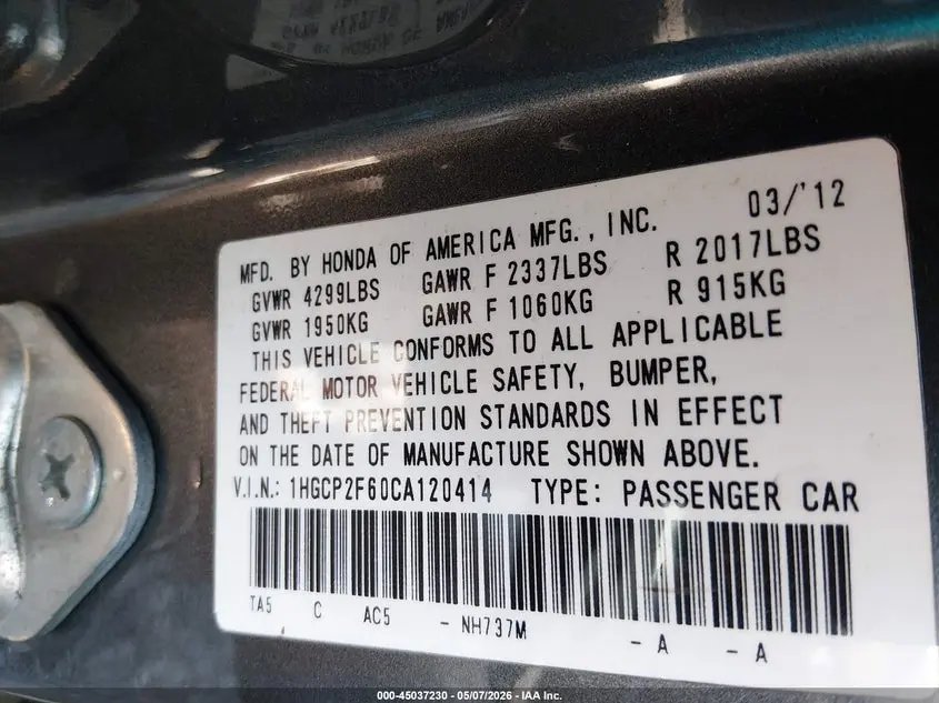 2012 HONDA ACCORD 2.4 SE